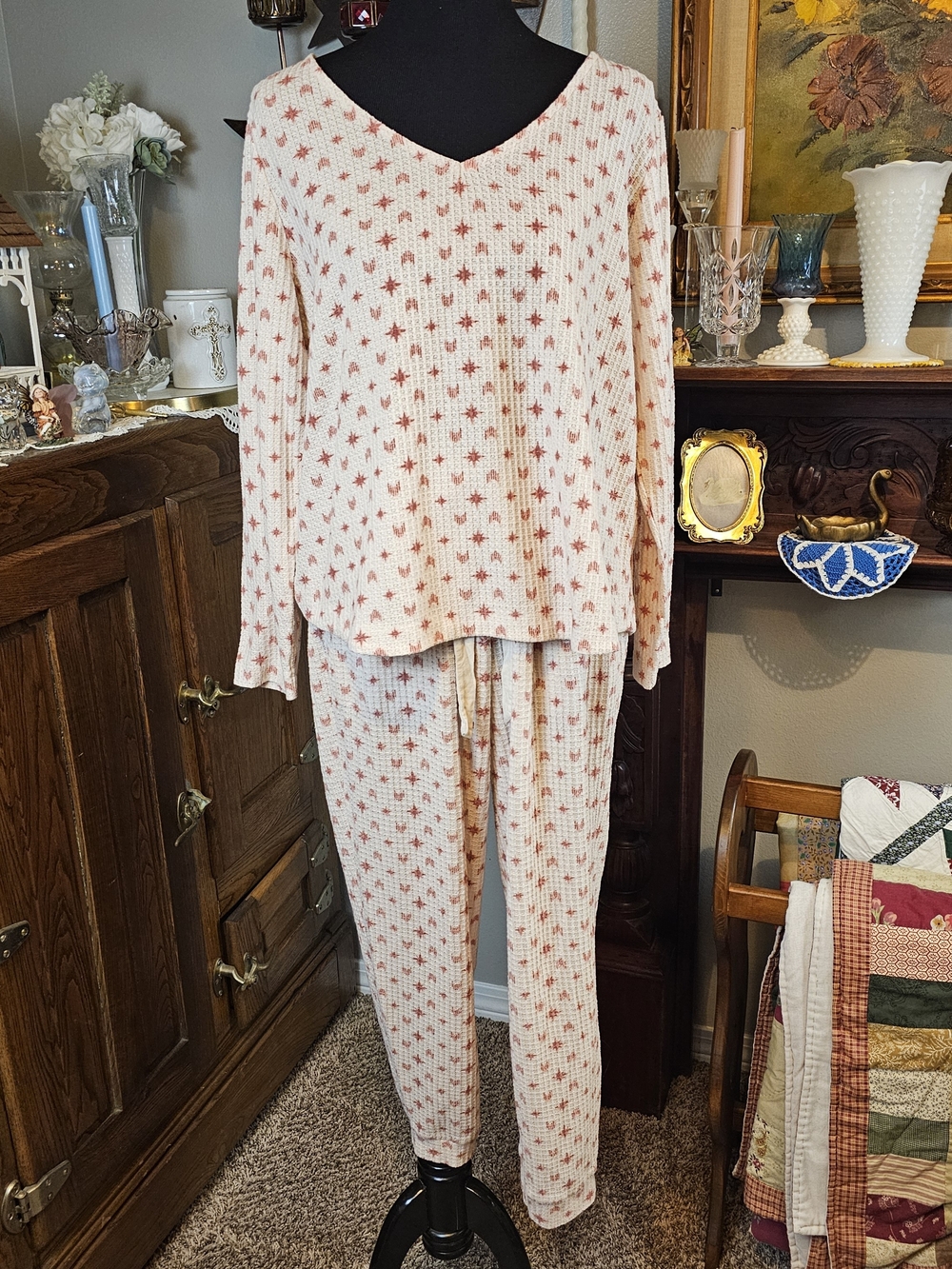 Soma 2 Piece Thermal Pajama Set Cream Star Print Drawstring Pockets XL